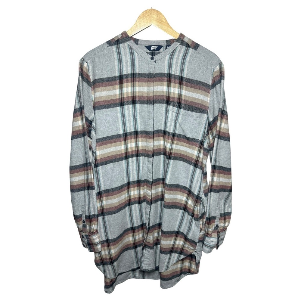 Lands End Plaid Long Sleeve Band Collar Tunic Shirt Womens XL Gray Multi Color